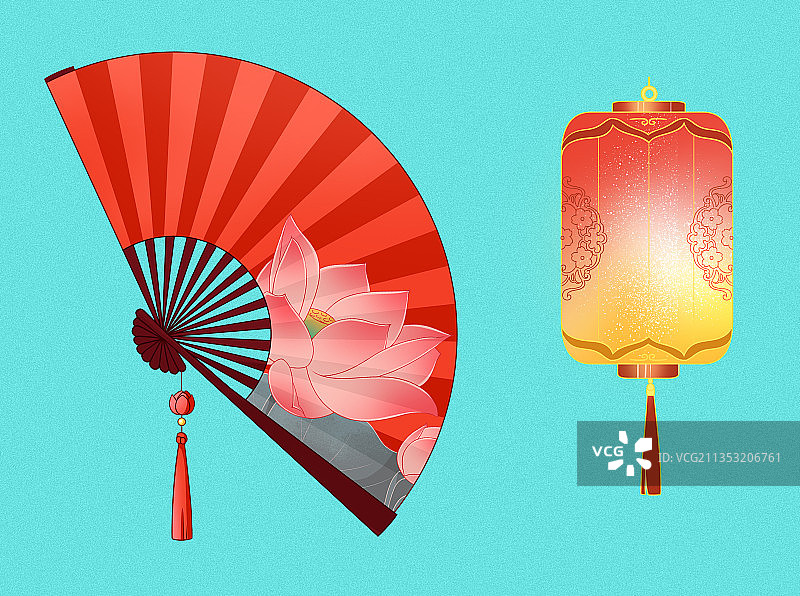 国潮风插画扇子灯笼素材图片素材