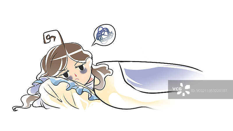 躺在被窝里的失眠女孩手绘插画图片素材