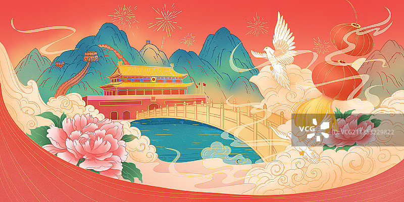 国庆十一红色气氛国潮国风插画图片素材