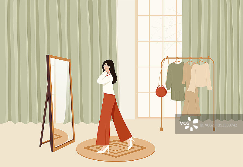 镜子前的试衣服女人 室内横版图片素材