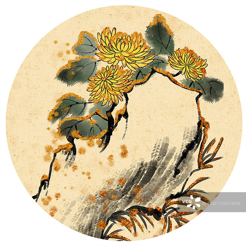 中国风水墨传统装饰圆形扇面伞面背景插画菊花图片素材