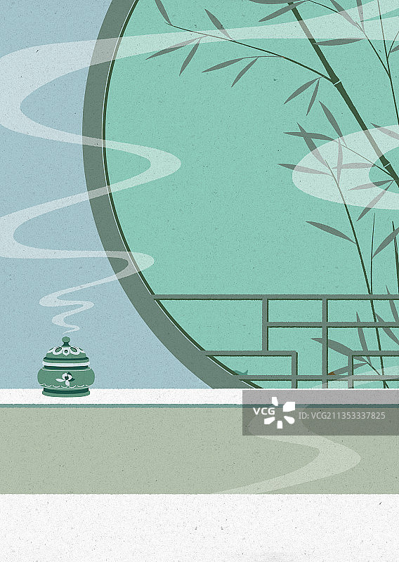 古风扁平插画窗户竹子和香炉图片素材