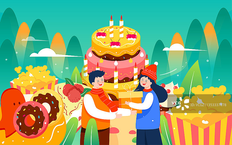 生日蛋糕周年庆纪念日插画节日祝福美食海报图片素材