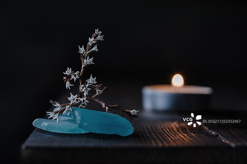 桌上蜡烛和植物的特写，黑色背景图片素材