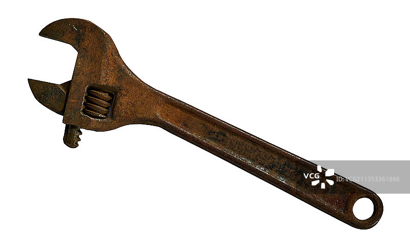 白色背景下的生锈金属扳手特写图片素材