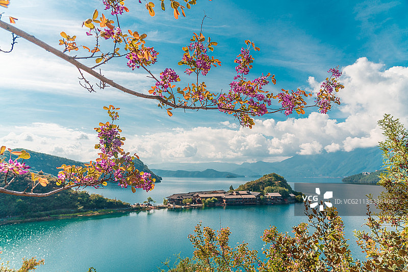 云南省泸沽湖航拍风光图片素材
