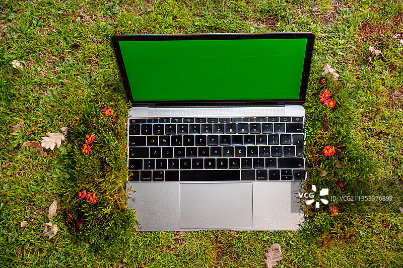 田野中的笔记本电脑俯视图图片素材