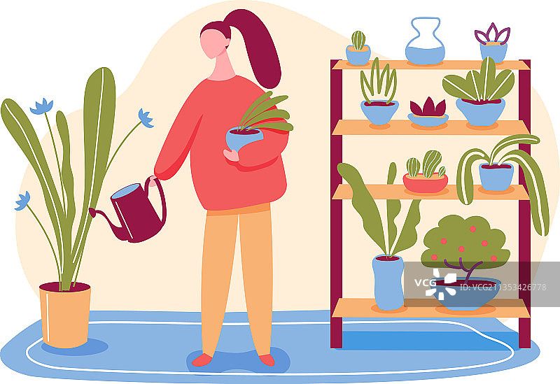 房屋花园概念：妇女浇灌盆栽植物图片素材