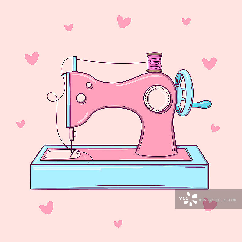 粉色背景上手绘的旧粉色缝纫机图片素材