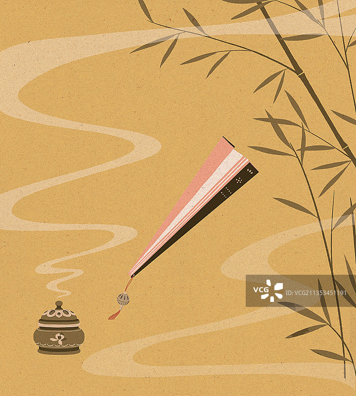 古风扁平插画扇子香炉竹子图片素材