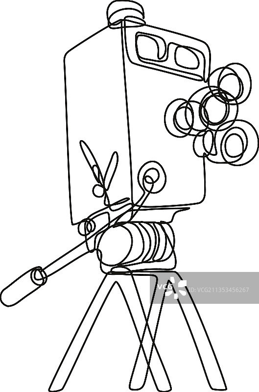 三脚架上的复古胶片盒式相机连续线条画图片素材