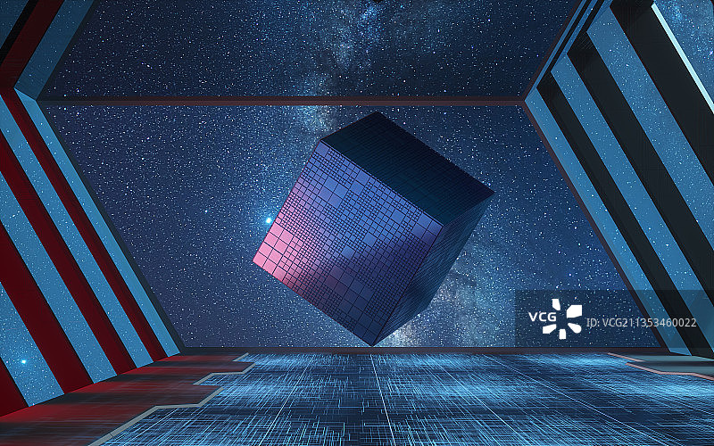 方块材料与科技感建筑背景 3D渲染图片素材