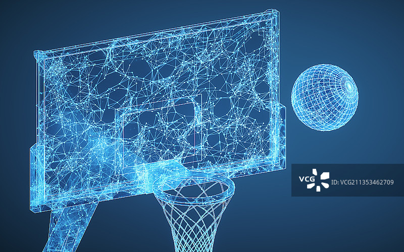 蓝色线条结构篮球与篮球架 3D渲染图片素材