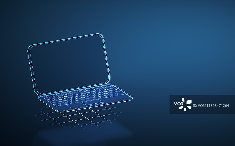 笔记本电脑与蓝色线条结构 3D渲染图片素材