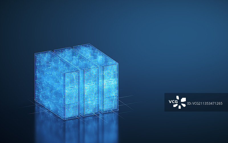 机房主机与蓝色线条结构 3D渲染图片素材