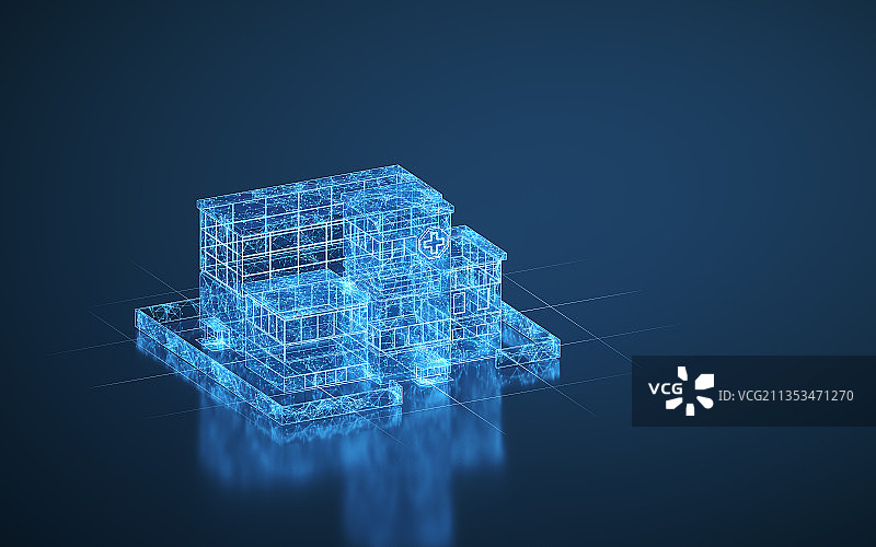 医院模型与蓝色线条结构 三维渲染图片素材