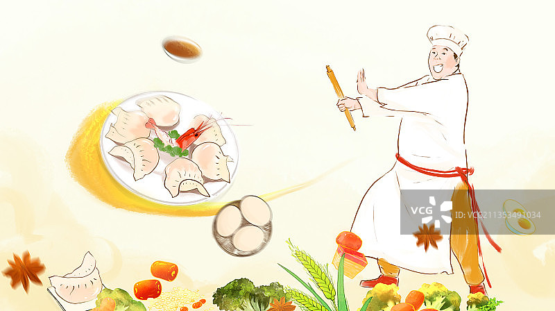 虎年春节包饺子厨师年夜饭设计插图元素图片素材