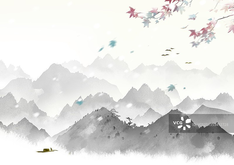 枫叶小寒节气冬天水墨风景山水画背景图片素材