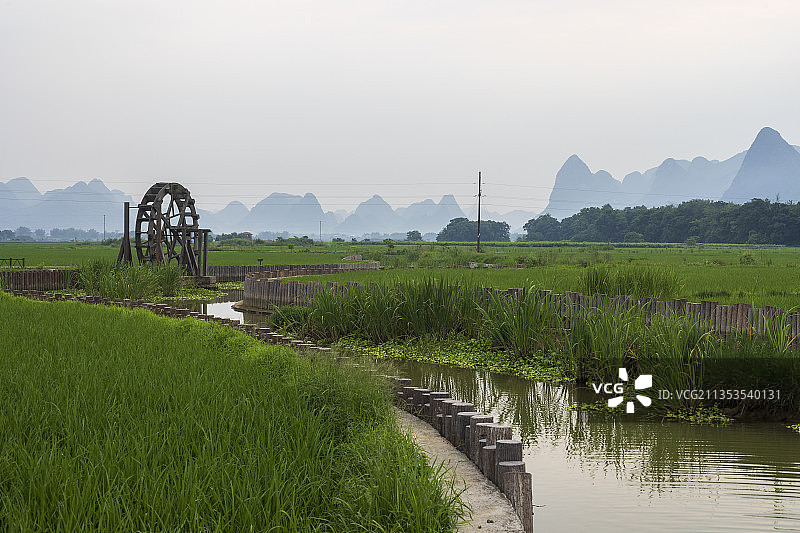 广西水稻田与水车图片素材