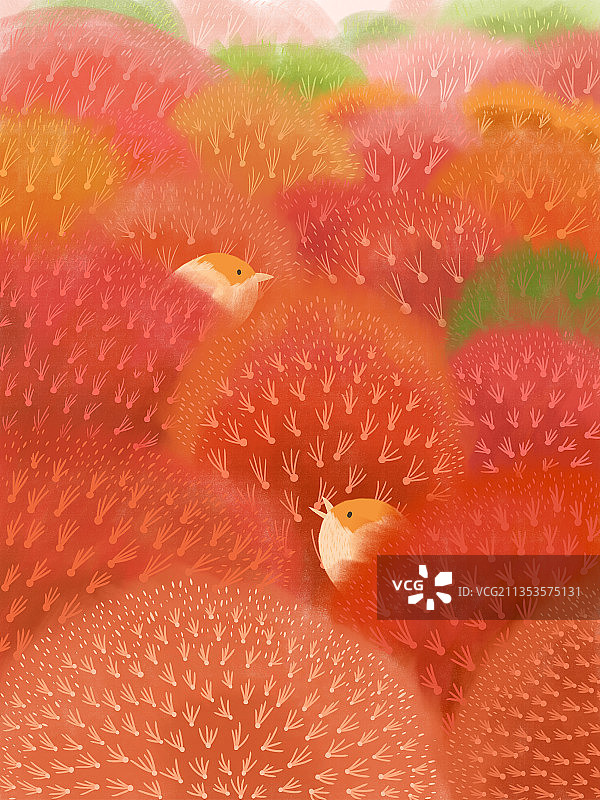 插画,植物,自然,草地,秋天,冬天,小鸟,卡通,地肤,树图片素材