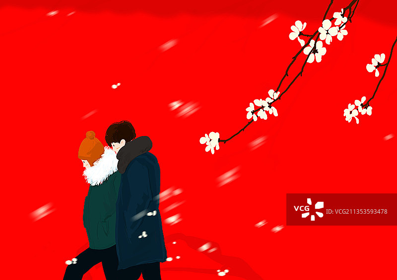 站在春天桃花树红色背景下的男人和女人图片素材