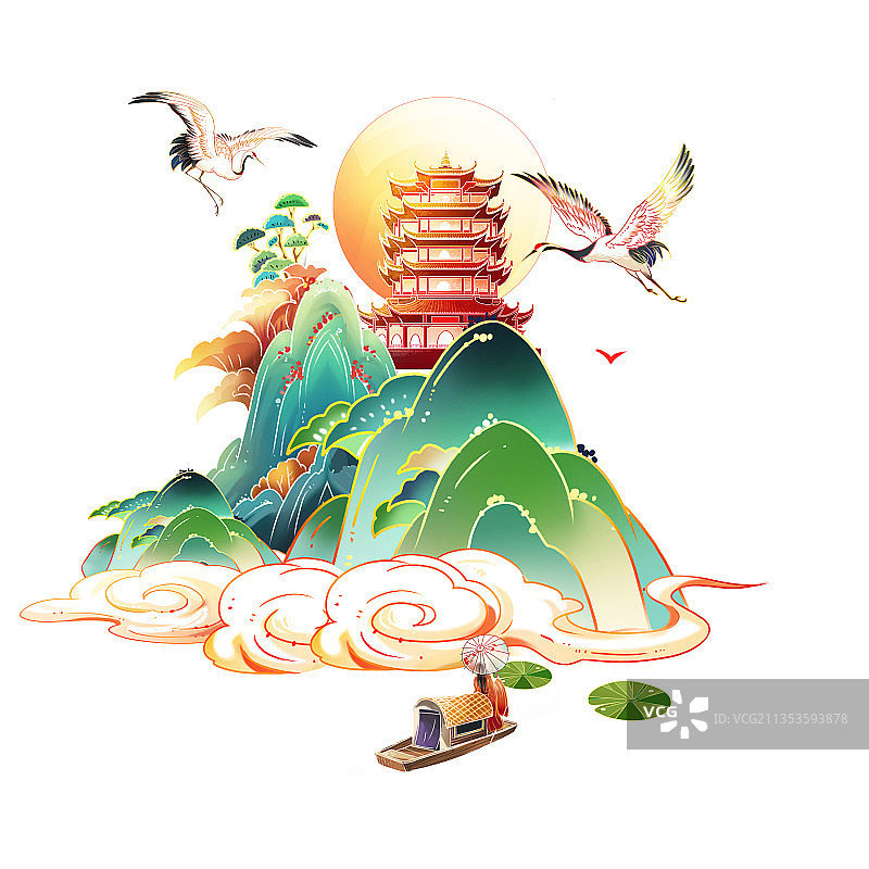 国潮风山云塔插画图片素材