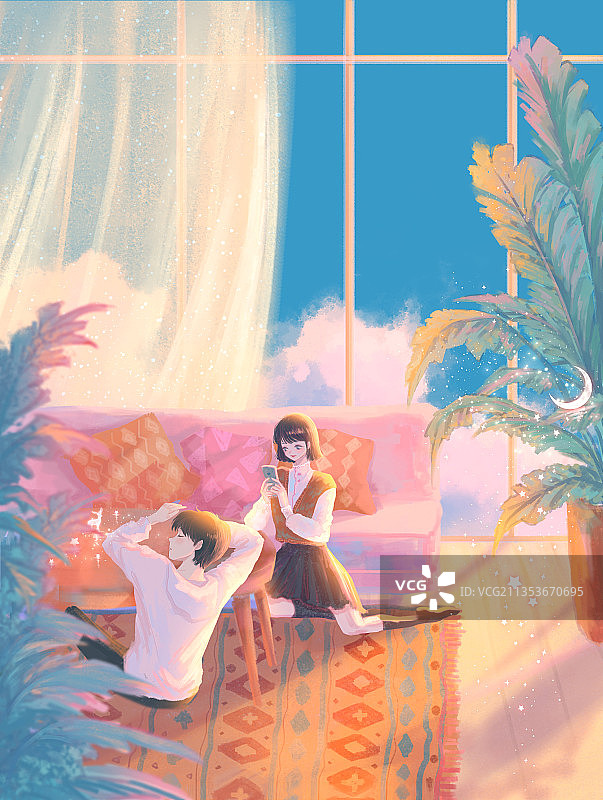 情侣在夕阳下的客厅小憩插画图片素材