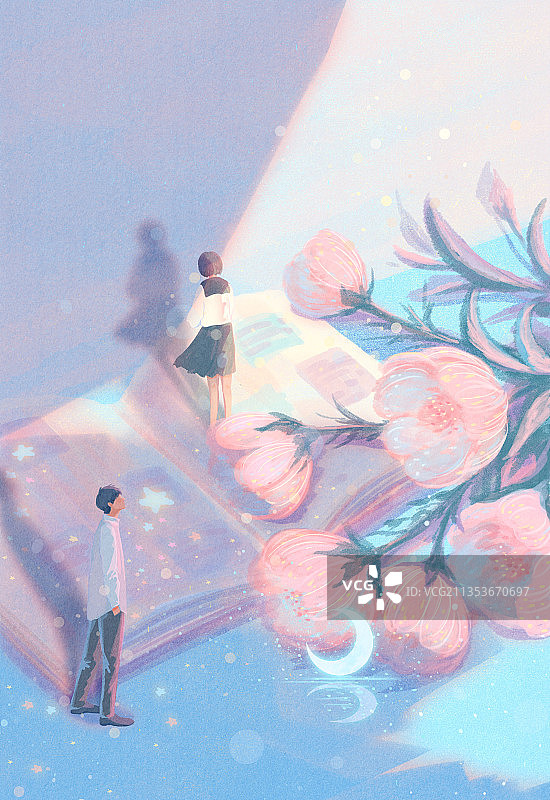 情侣植物花卉光影书本插画图片素材