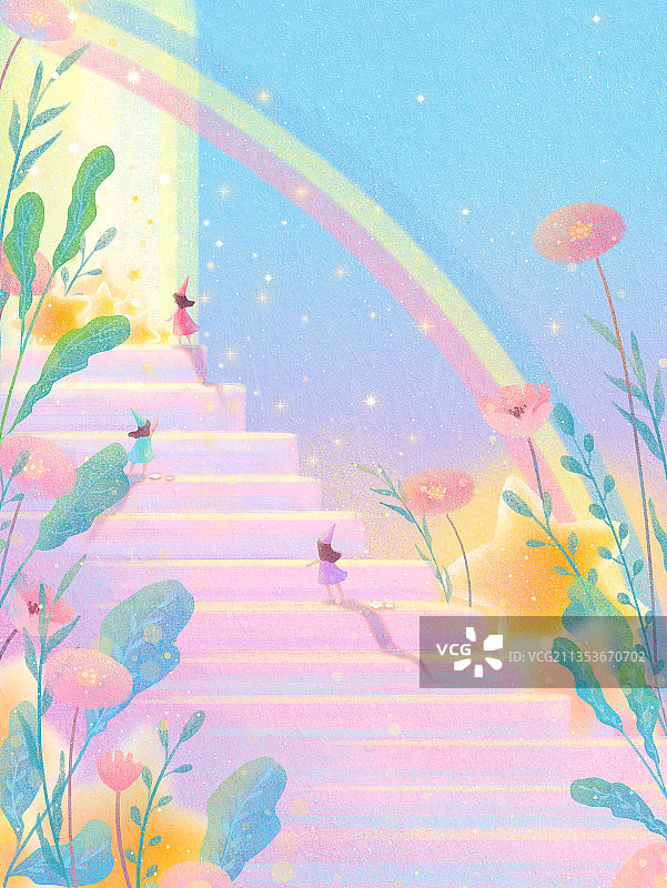 小精灵彩虹阶梯植物插画图片素材