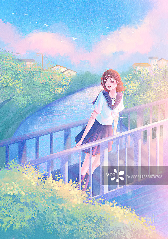 少女垫脚张望插画图片素材