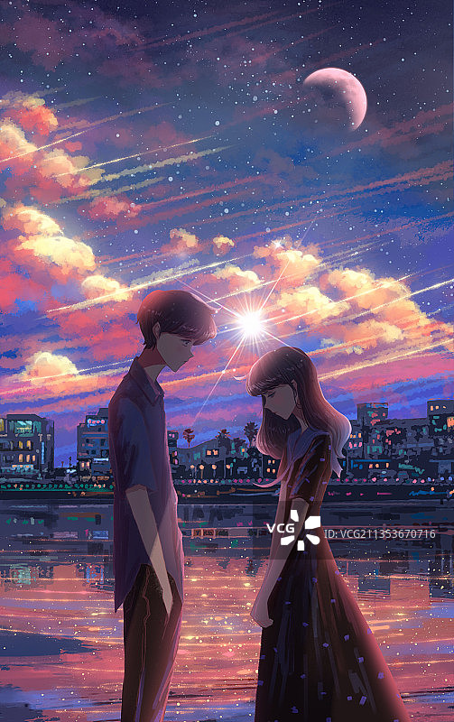 情侣天空星空治愈插画图片素材