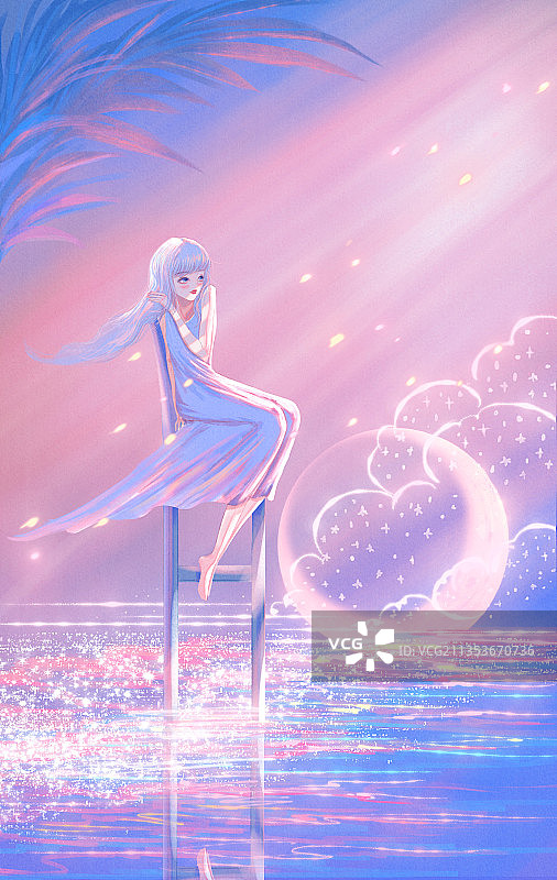 少女光影月亮插画图片素材