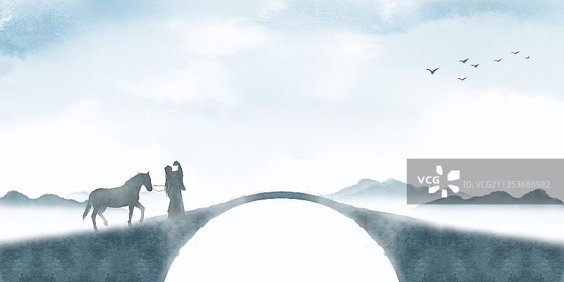 中式古代人物牵马饮酒插画图片素材