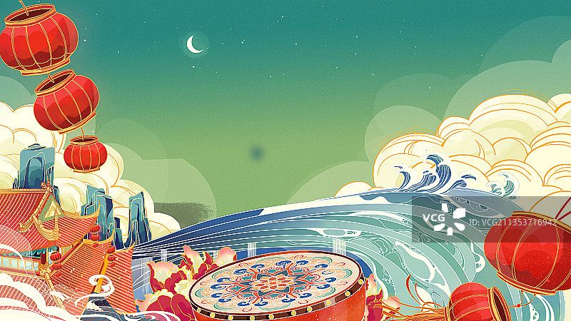 画友帮新年红灯笼传统建筑大鼓海浪云海中国风过年插画图片素材