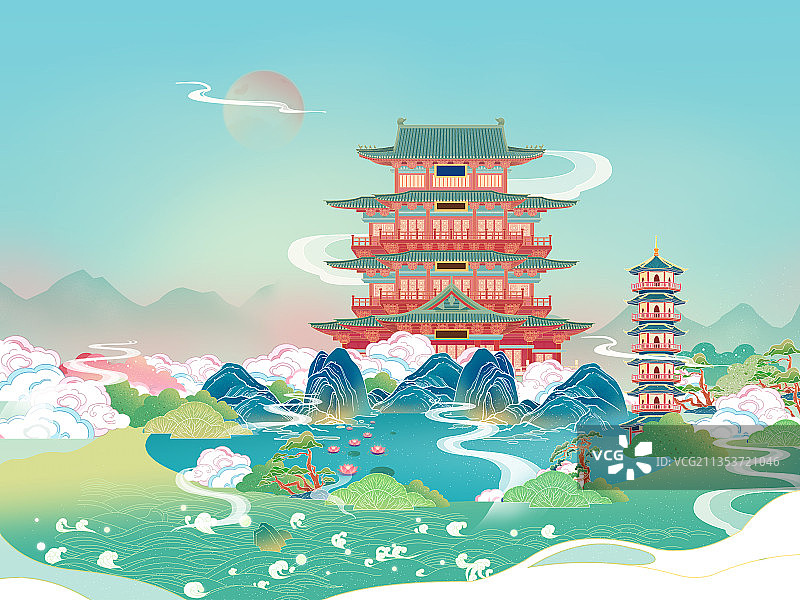 画友帮中国风宝塔湖泊假山云雾缭绕松树荷花远山夕阳国潮插画图片素材
