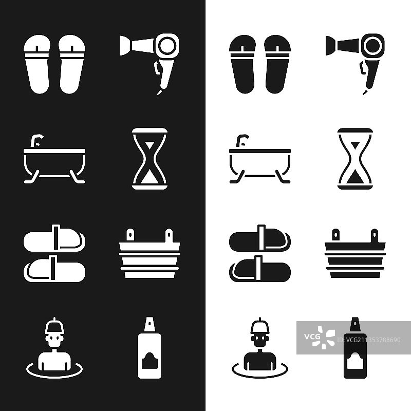 桑拿浴设备：沙漏、浴缸、人字拖、头发图片素材