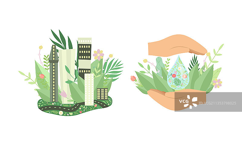 绿叶和人物环绕的生态房屋建筑图片素材