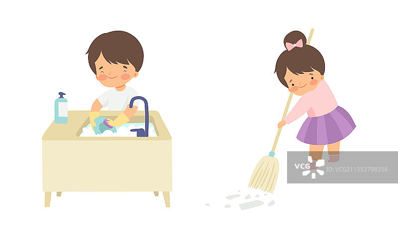 可爱男孩女孩做家务图片素材
