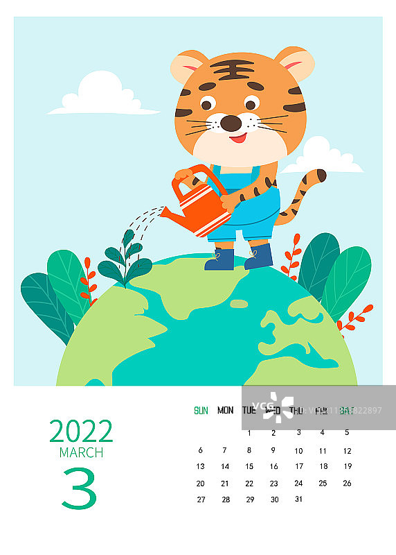 2022虎年日历3月份矢量插画图片素材
