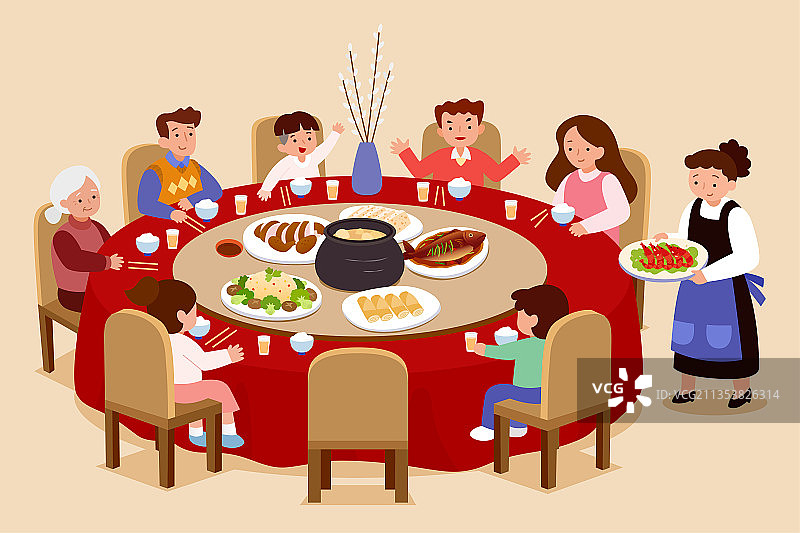 除夕夜与家人在餐厅吃团圆饭图片素材