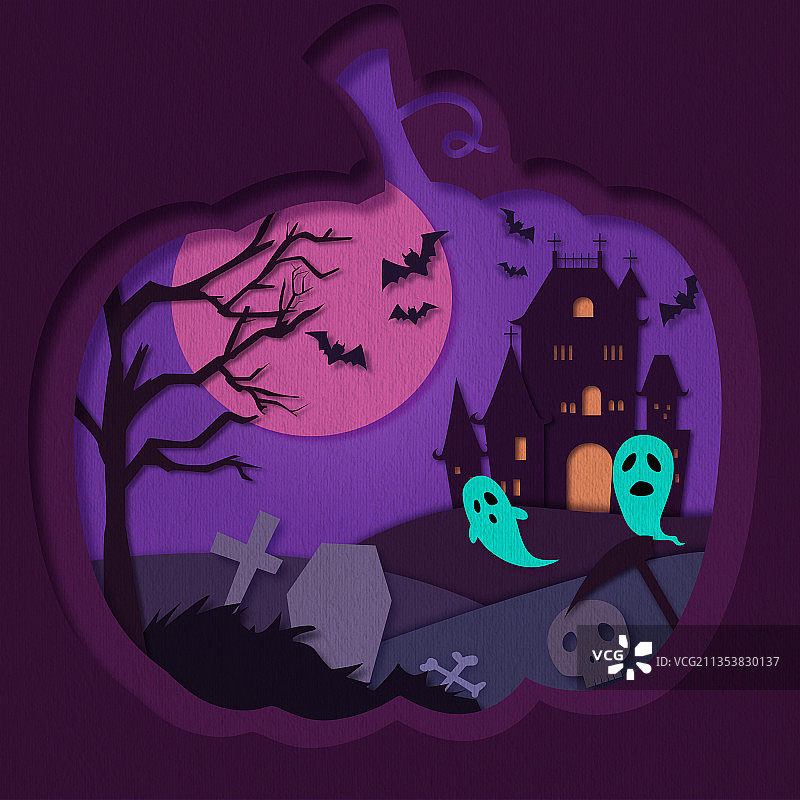 万圣节剪纸风插画图片素材