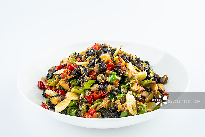 一碟辣椒炒田螺肉图片素材