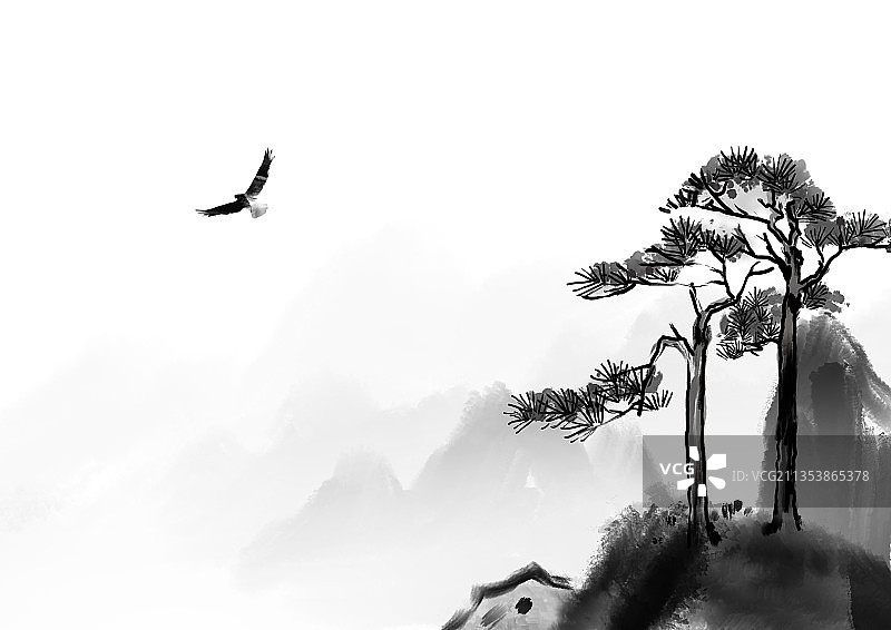 水墨中国画旅游景观风景插画山水松树飞鸟图片素材