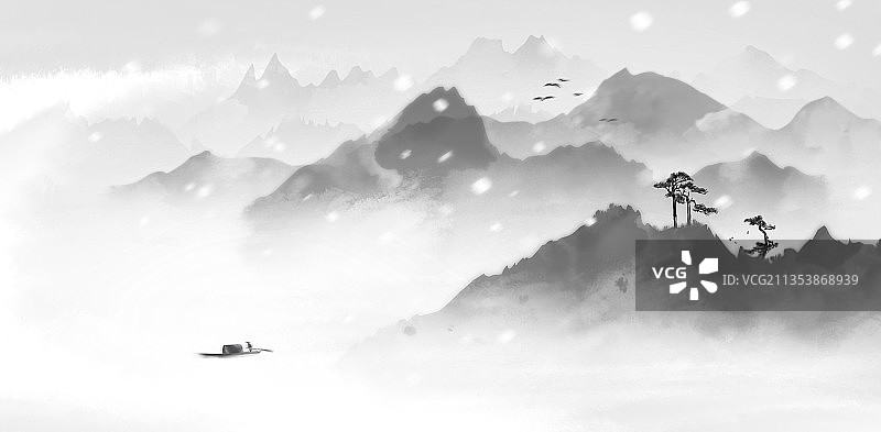黑白大寒大雪节气冬天水墨风景山水画背景图片素材