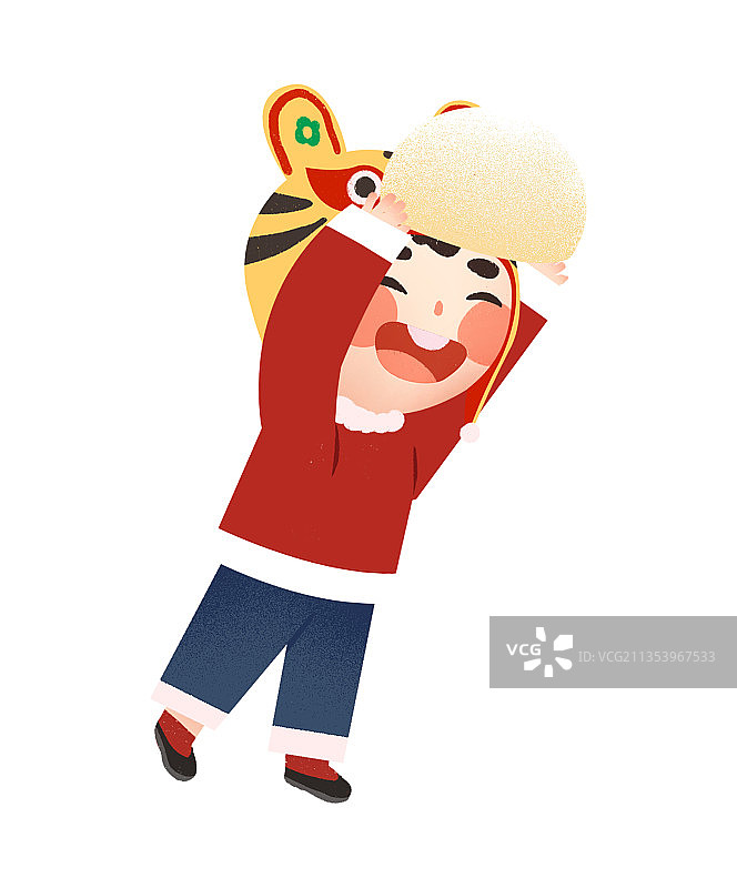 年俗戴虎头帽的小孩拿着馒头图片素材
