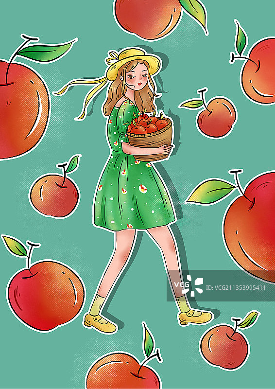 描边插画-摘苹果的小女孩图片素材