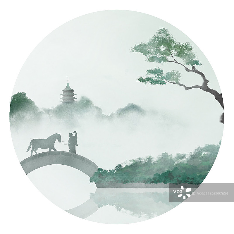 中国风绿色古代人物插画图片素材