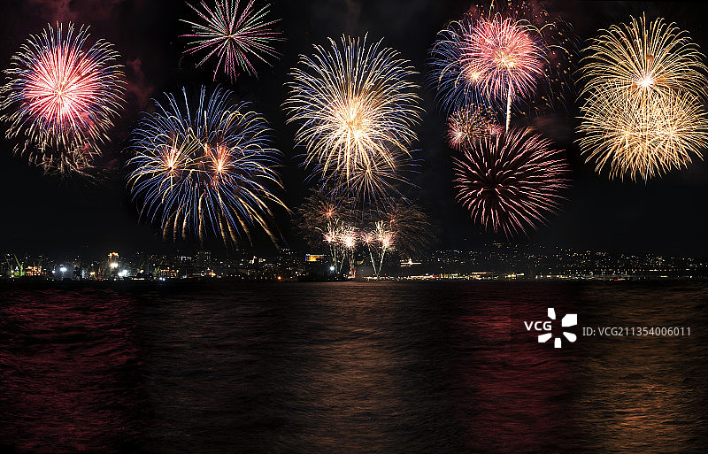 低角度拍摄夜空中河流上的烟花表演图片素材