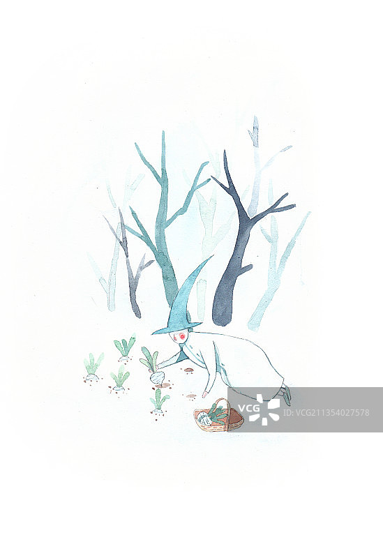 水彩手绘插画抽象蓝色冬季拔萝卜图片素材
