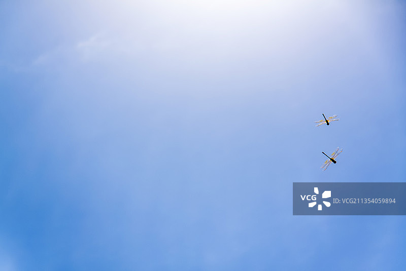 低角度拍摄：在俄罗斯，飞机飞过蓝色天空图片素材